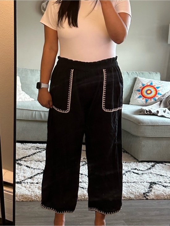 Pants - Black Cotton Wide-Leg Pants with Contrast Stitching